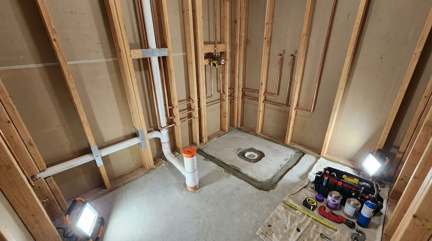 Bathroom rough-in plumbing during remodel by Johns Plumbing LLC in Wells