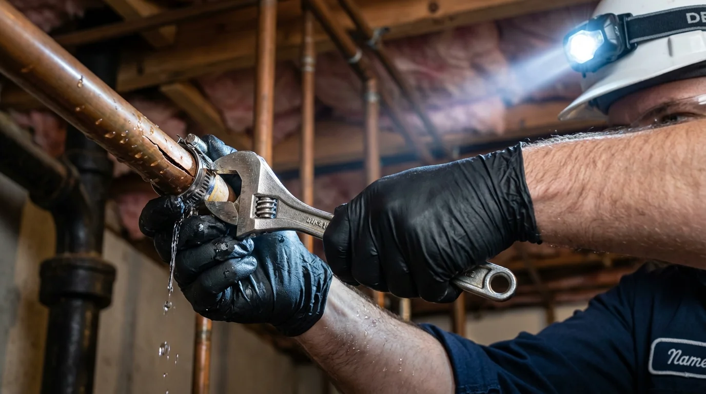 Emergency pipe clamp repair being performed by a Johns Plumbing LLC plumber in Wells