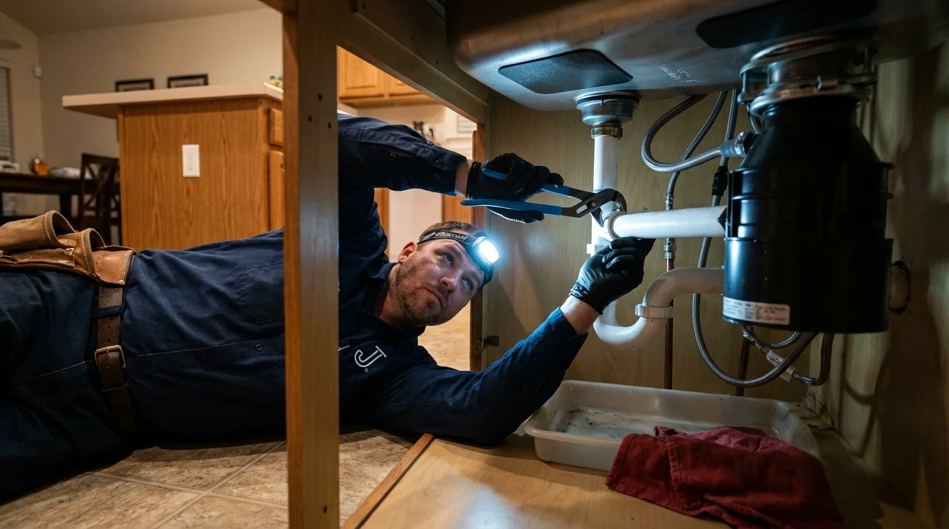 P-trap and supply line connections under a kitchen sink showing a common leak point in Wells, NV